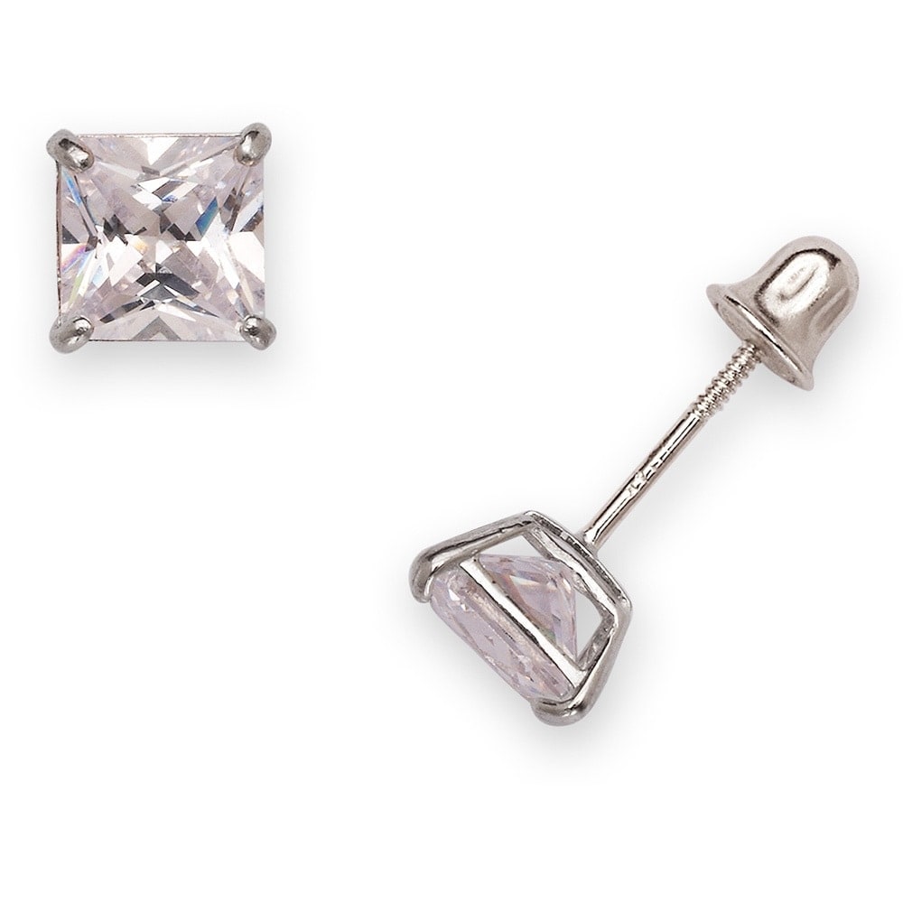 Curata 14k Solid Gold Princess Cubic Zirconia Basket-set Screw Back Earrings