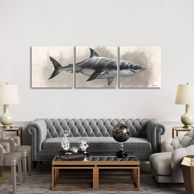 iCanvas "Great White Shark Drawing" by Steve Goad 3-Piece Canvas Wall Art Set - 30x90x1.5