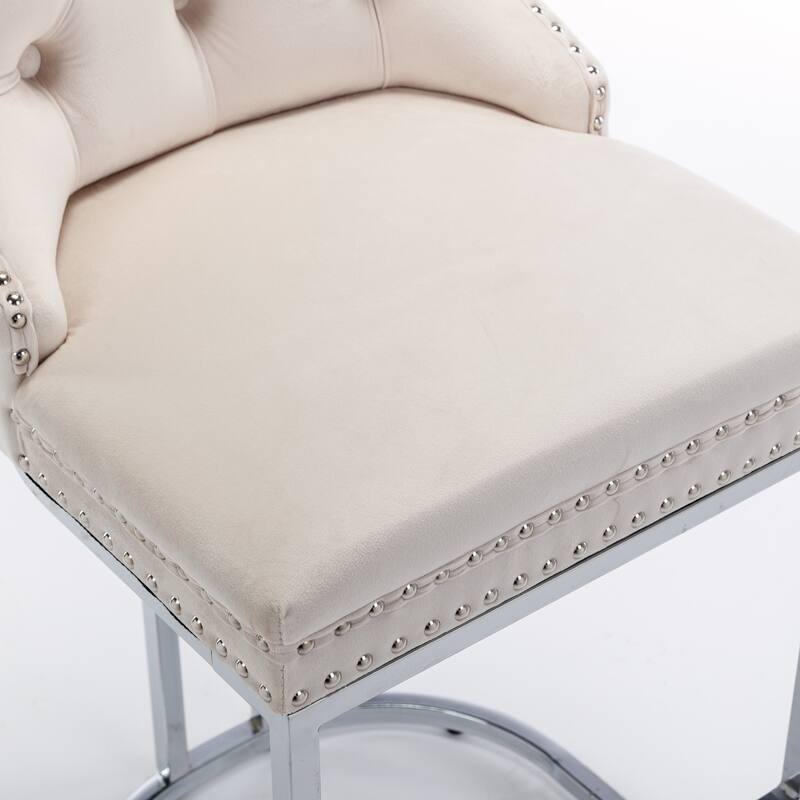 Counter Height Bar Stools Set of 2, Velvet Upholstered Accent Chairs with Button Back, Rivet Trim and Chromed Metal Base Legs