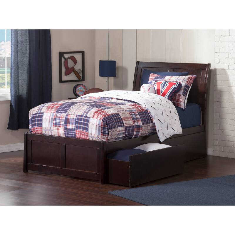 Natural Wood Platform Bed with Drawers - Modern Sleigh Style Bed Frame - Full, Queen, King Sizes