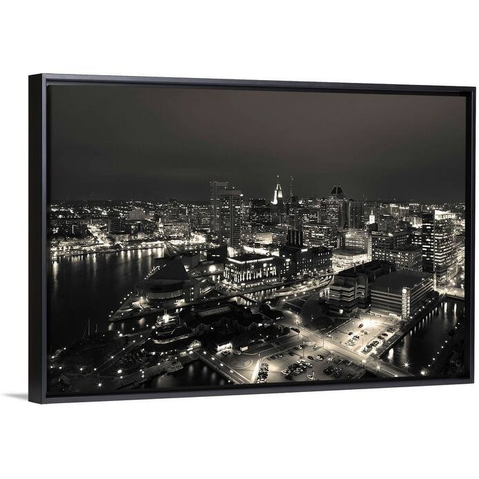 "Buildings near a harbor, Inner Harbor, Baltimore, Maryland" Black Float Frame Canvas Art - Multi