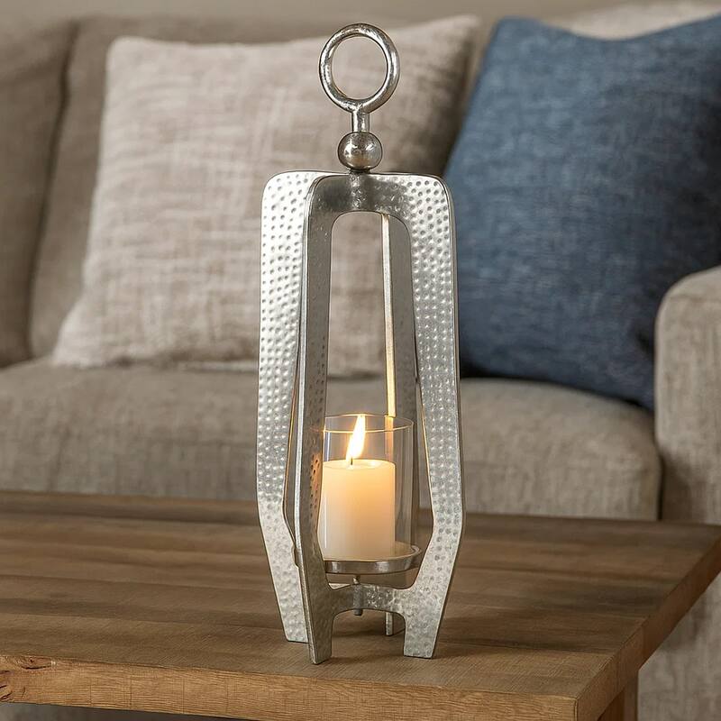 Brie Candle Holder Lantern, 23 Inch, Silver Metal Frame, Glass Shade