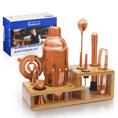 14 Piece Rose Gold Mixology Bartender Kit with Bamboo Stand - N/A