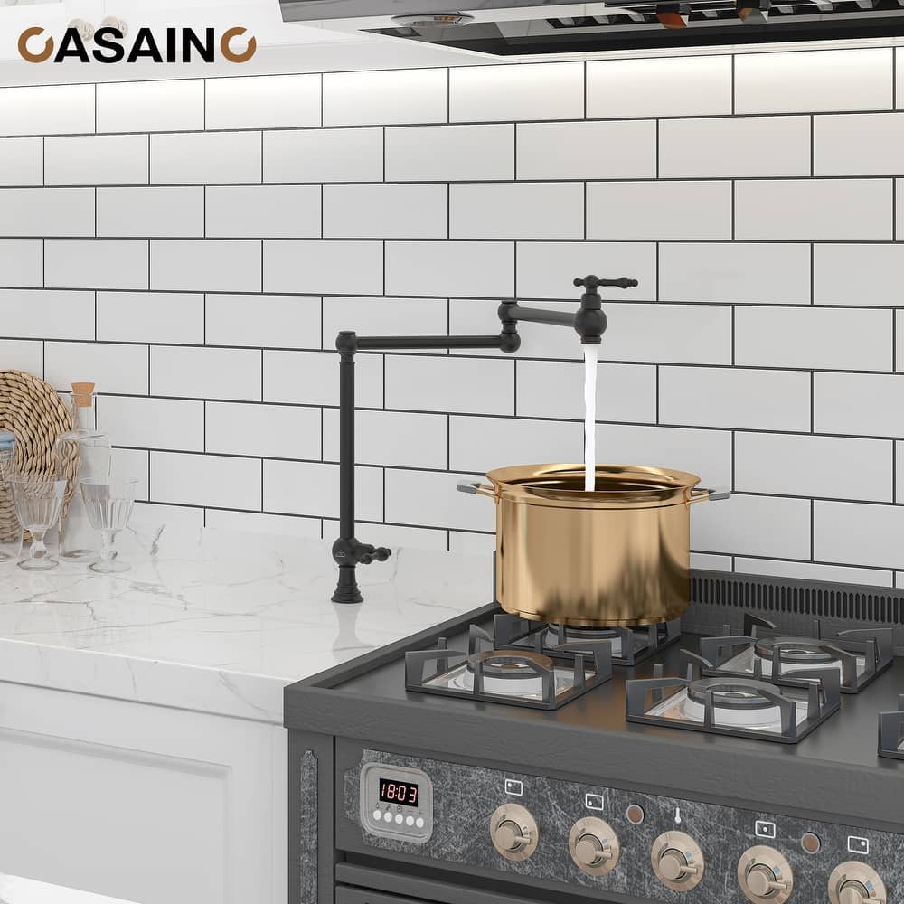 Vintage Deck Mount Pot Filler Kitchen Faucet, with Folding Stretchable Double Joint Swing Arms