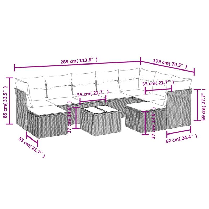 vidaXL Patio Sofa Set with Cushions Outdoor Conversation Furniture Poly Rattan - 21.7" x 24.4" x 27.2"