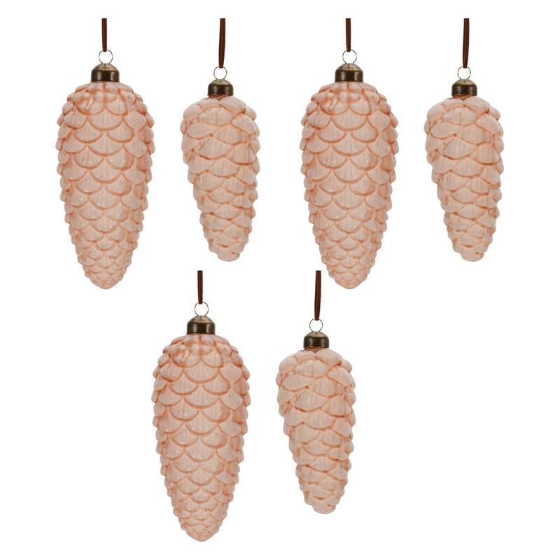 Set of 6 Glass Pinecone Ornaments for Rustic Holiday Decor - 2" x 2" x 5.5" - Pink