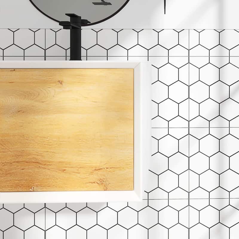 Wall-Mounted 1-drawer Bathroom Vanity Set in White and Oak with Integrated Solid Surface Sink