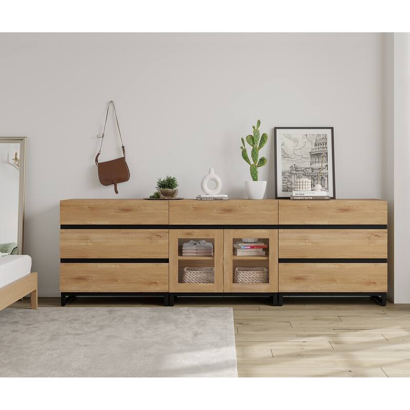 WAMPAT 3 in 1 Dresser with Glass Doors and 7 Drawers, Modern Chest of Drawers with Adjustable Shelf and Metal Base for Bedroom