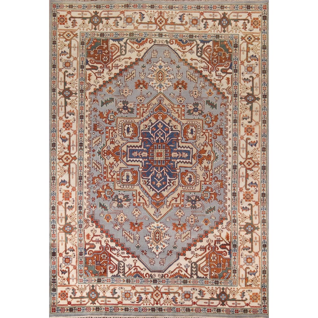 Geometric Heriz Serapi Indian Area Rug Handmade Wool Carpet - 8'8" x 12'2"