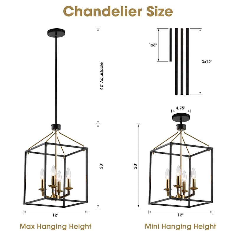 12" Black/ Gold 4-Light Foyer Pendant Chandelier Light