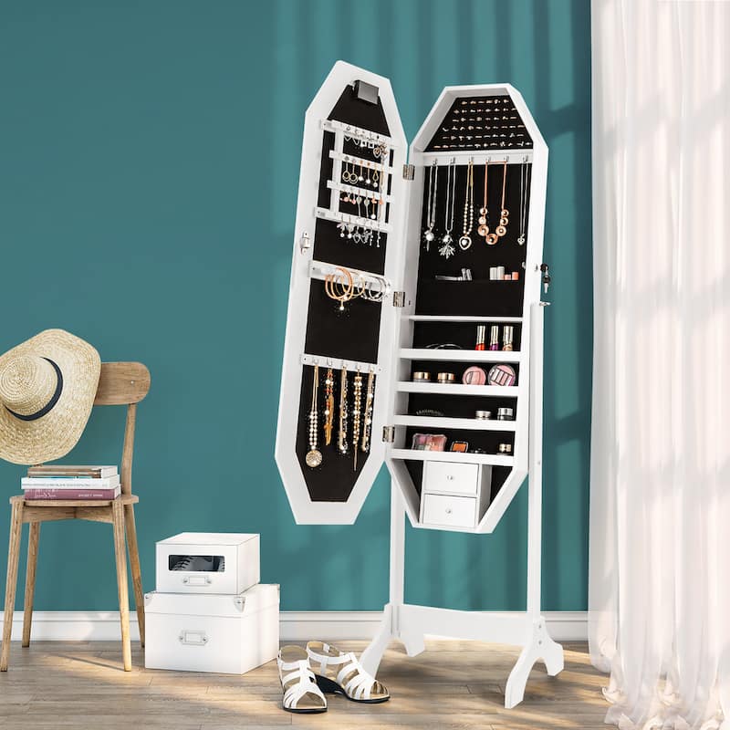 Costway Standing Jewelry Cabinet Armoire Organizer LED Light Mirror - See Details
