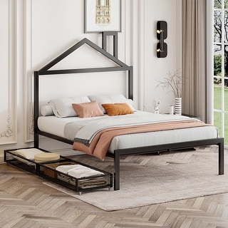 Black Full Size Metal Platform Bed with Two Drawers & House Headboard