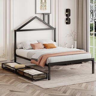 Charming Full Platform Bed with House Design and Drawers, Metal Frame