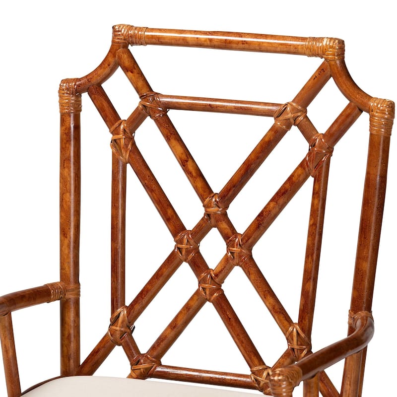 Esmery Marbled Tortoise Natural Rattan Dining Chair - Handcrafted Wicker Armchair with Crisscross Back, Boho Coastal Seating