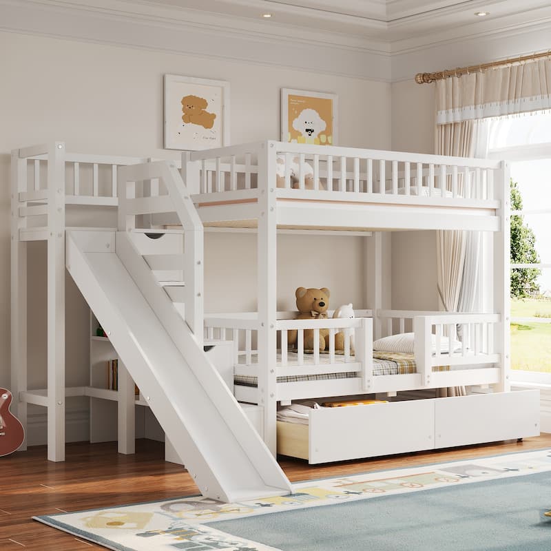 Roomfitters Twin Over Twin Bunk Bed with Slide, Storage Staircase and Drawers - White - Twin