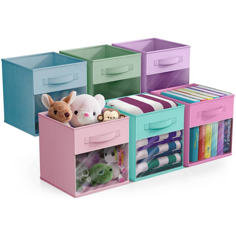 Sorbus Storage Bins with Clear Window - 6-Pack Foldable Baskets - 10.5" L x 10.5" W x 11" H - Bright Pastel
