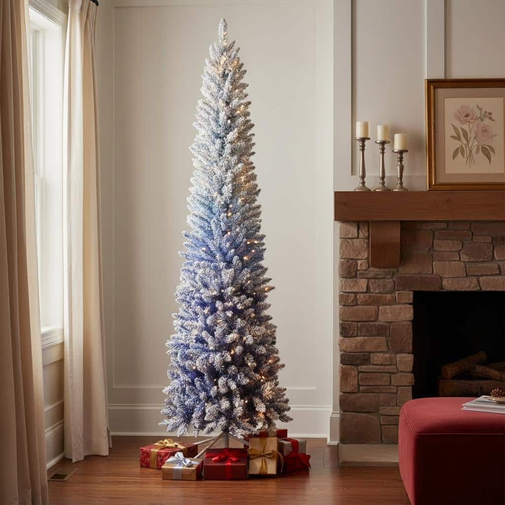 HomeRoots 6' Blue And White Pre Lit Slender Flocked Fir Christmas Tree - Green - 22.00 in. x 72.00 in. x 22.00 in.