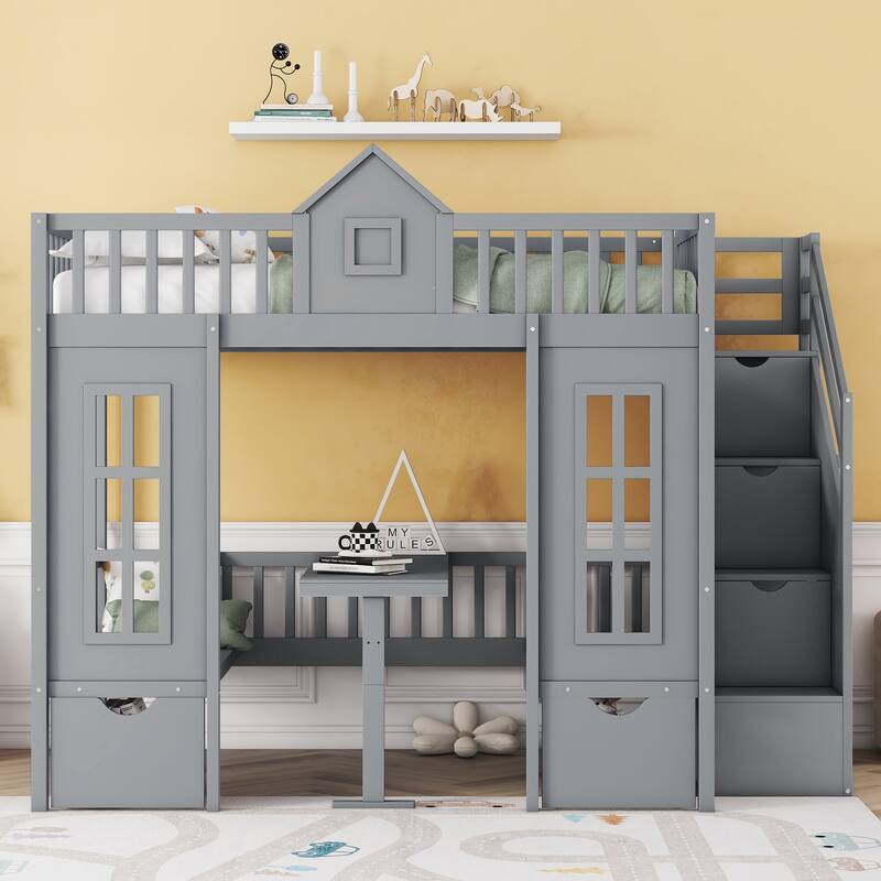 FullOverFull Bunk Bed with Changeable Table, Wood Staircase Bedframe