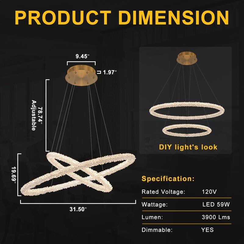 Modern Gold 2-Tier Crystal LED Chandelier, Dimmable Light - Dia.31.5-in