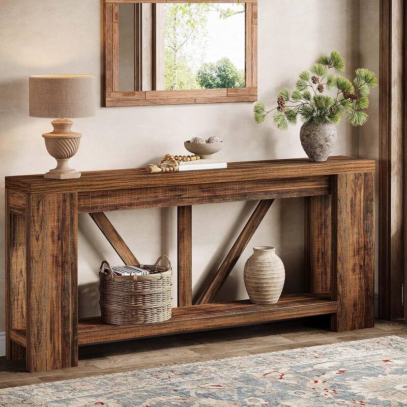 70.9 Inches Extra Long Console Table, 2 Tiers Farmhouse Entryway Sofa Table - Dark Brown
