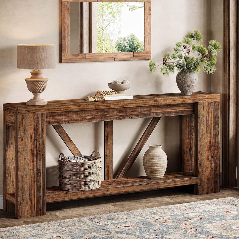 70.9 Inches Long Console Table, 2 Tiers Farmhouse Sofa Table for Entryway, Hallway