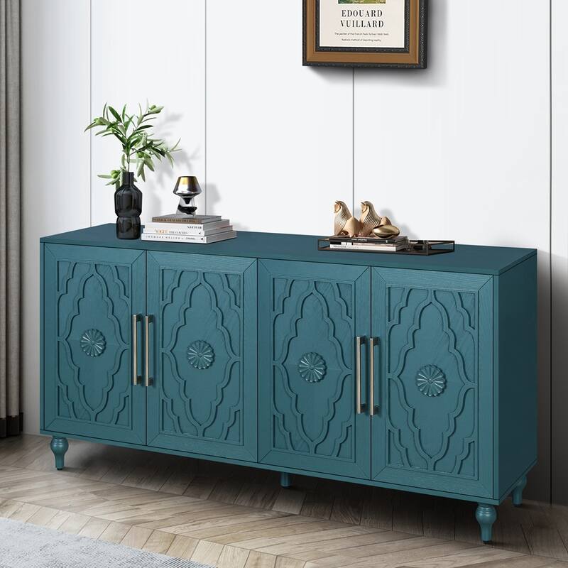 Carved Flower Door Large Storage Cabinet Sideboard Buffet - Navy Blue