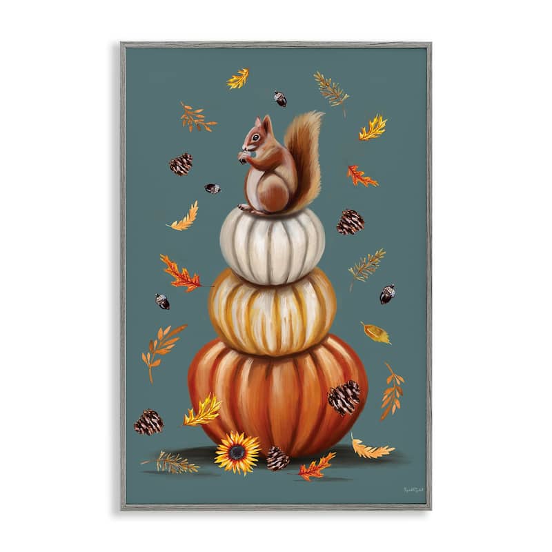 Stupell Squirrel Atop Pumpkin Stack Framed Giclee Art Design By Elizabeth Tyndall - 16 x 24 - Grey