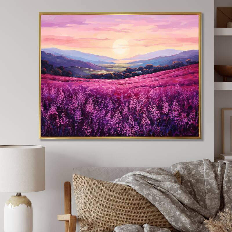 Designart "Bloomed Flower Horizons At Sunset I" Flower Framed Wall Art Prints - 20 in. wide x 12 in. high - Gold