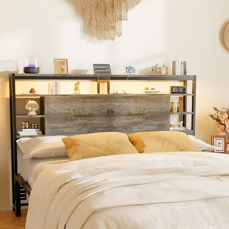 Headboards with Storage Shelves, Head Board with Power Outlet and LED Light for Bed Frame - Grey Oak - Queen