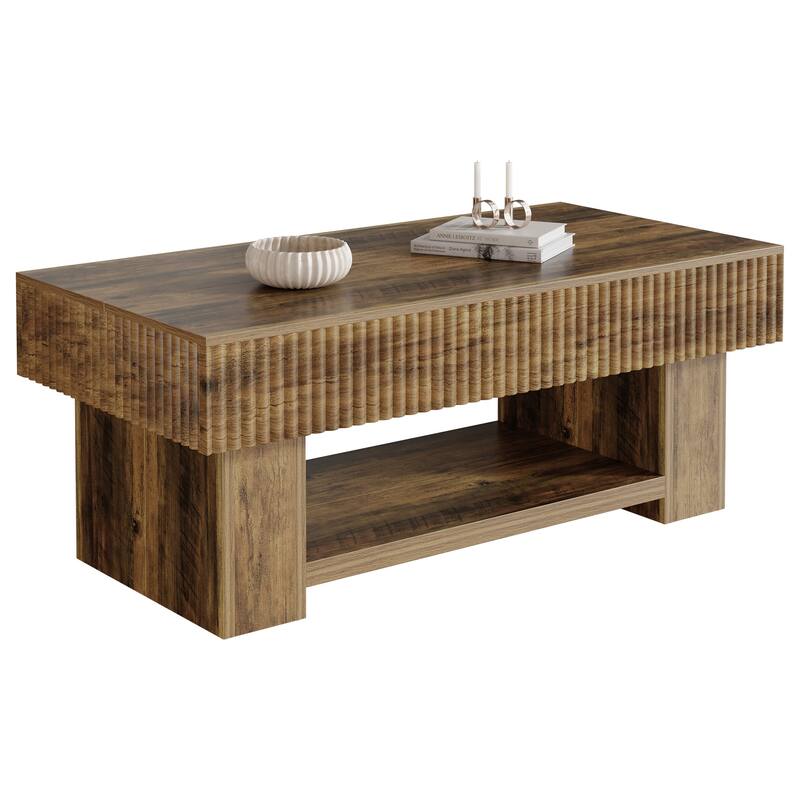 47-Inch Wood Coffee Table with Storage, Large Rectangular Center Table with Open Shelf for Living Room