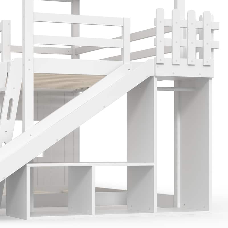 Twin over Full House Bunk Bed with Ladders and Slides, House Floor Bunk Bed with Storage Shelves and Wardrobe
