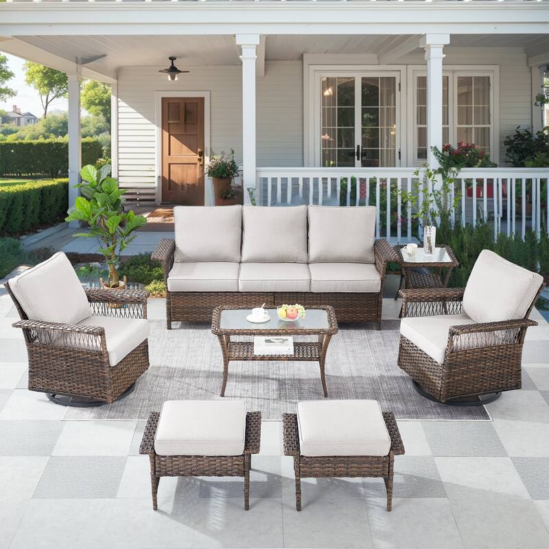 Outdoor Patio Sofa, Glider Chair and Table Ottoman - Beige - Brown
