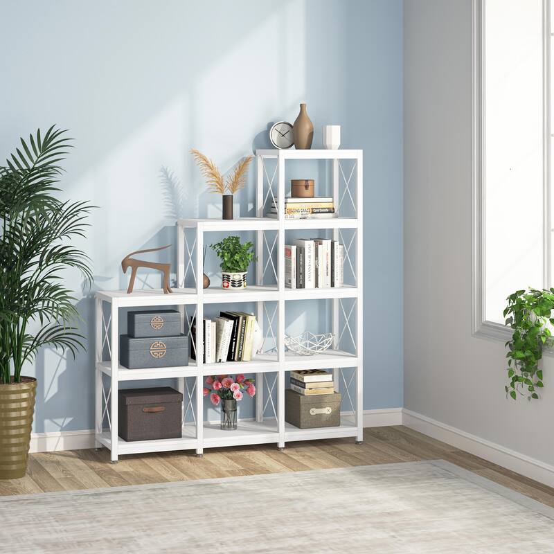 Brown/ Black Industrial 12-shelf Ladder Bookshelf, White Modern 9 Cubes Stepped Etagere Display Bookcase