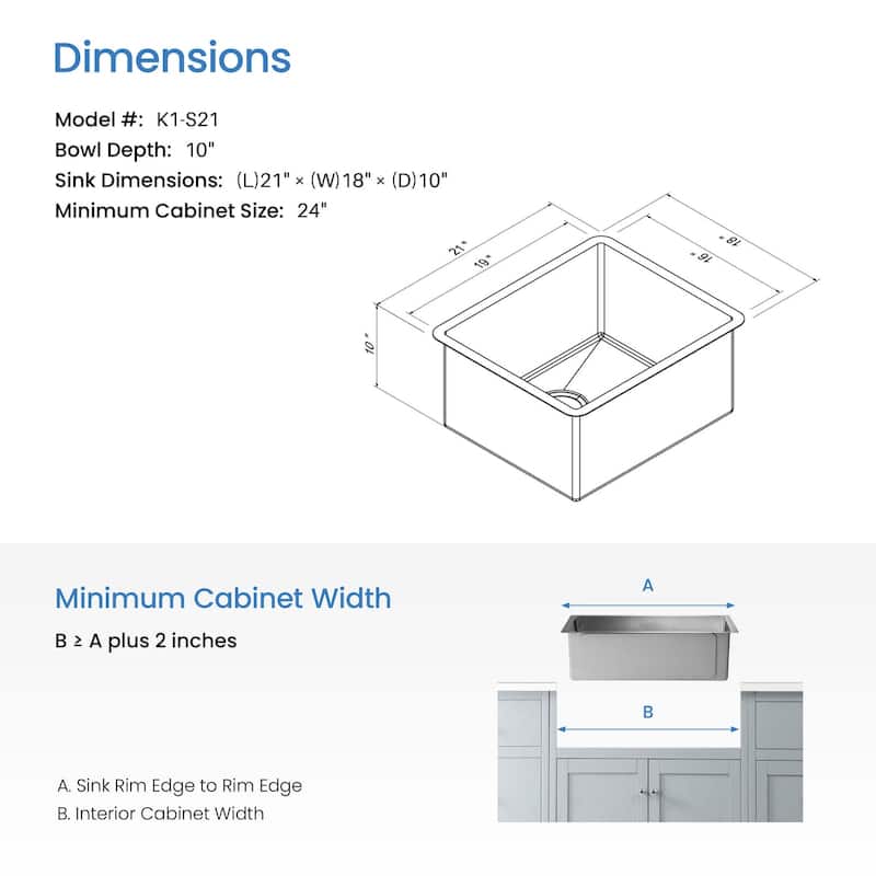 21 Inches Handcrafted Undermount Single Bowl 16 gauge Stainless Steel Kitchen Sink - K1-S21