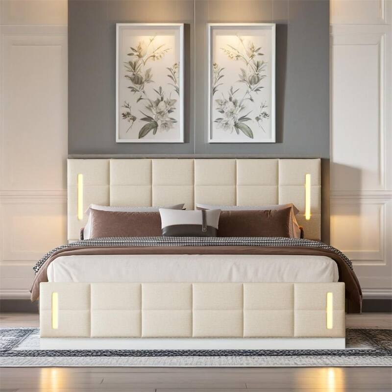 Queen Size Upholstered Bed with Hydraulic Storage System and LED Light