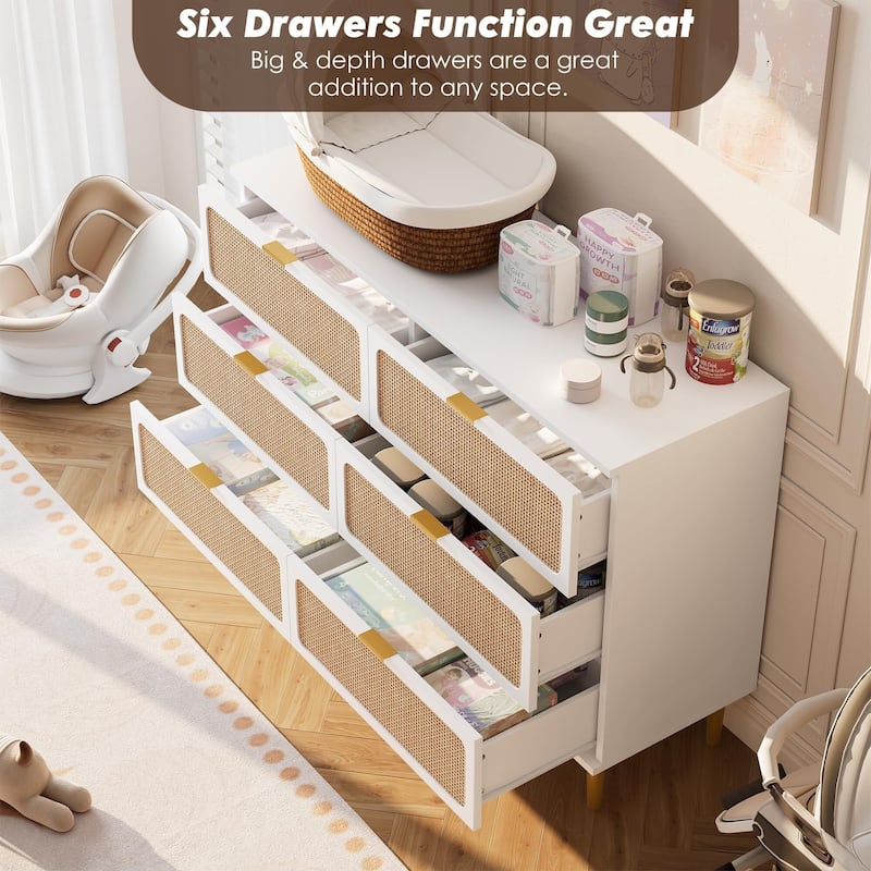 Rattan 6 Drawer Dresser for Bedroom, Large Double Dresser with Deep Drawers