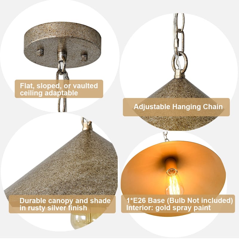 1-Light Distressed Metal Hanging Flared Pendant for Dining, Kitchen - 13.5 in