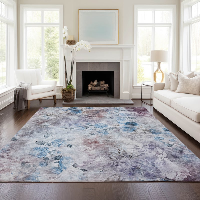 Machine Washable Indoor/ Outdoor Chantille Vanishing Floral Rug - Blue - 8' x 10'