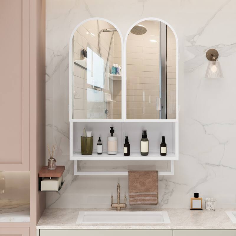 Mirror Cabinet with 2 Arched Doors, Wall Mounted Bathroom Medicine Cabinet, Metal Wall Cabinet with Open Shelf & Towel Rack - White