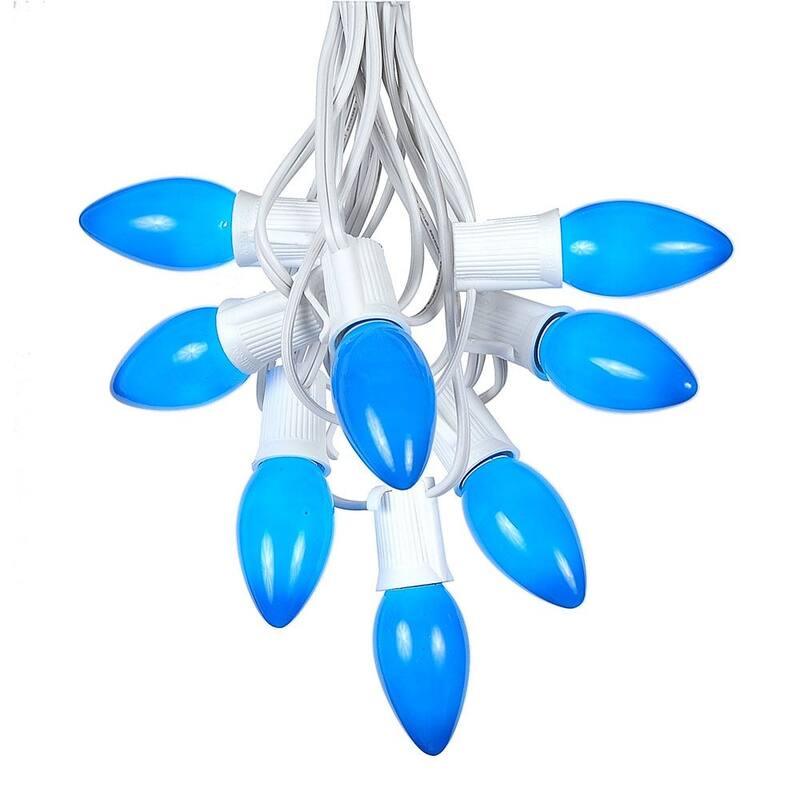 100 Foot C9 Ceramic Christmas Light Set, Hanging String Lights, White Wire - Blue