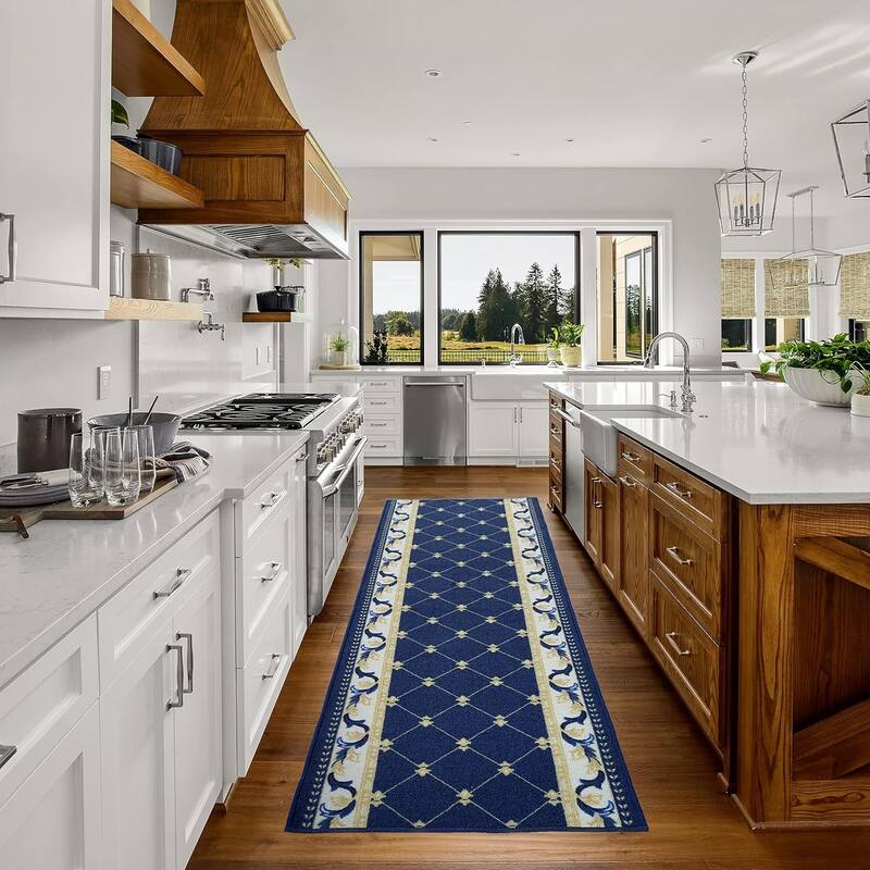 Custom Size French Trellis Design Brown,Red,Blue Color Non-Slip Rubber Backing- 31 Inch WidexYour Choice of Length Runner Rug