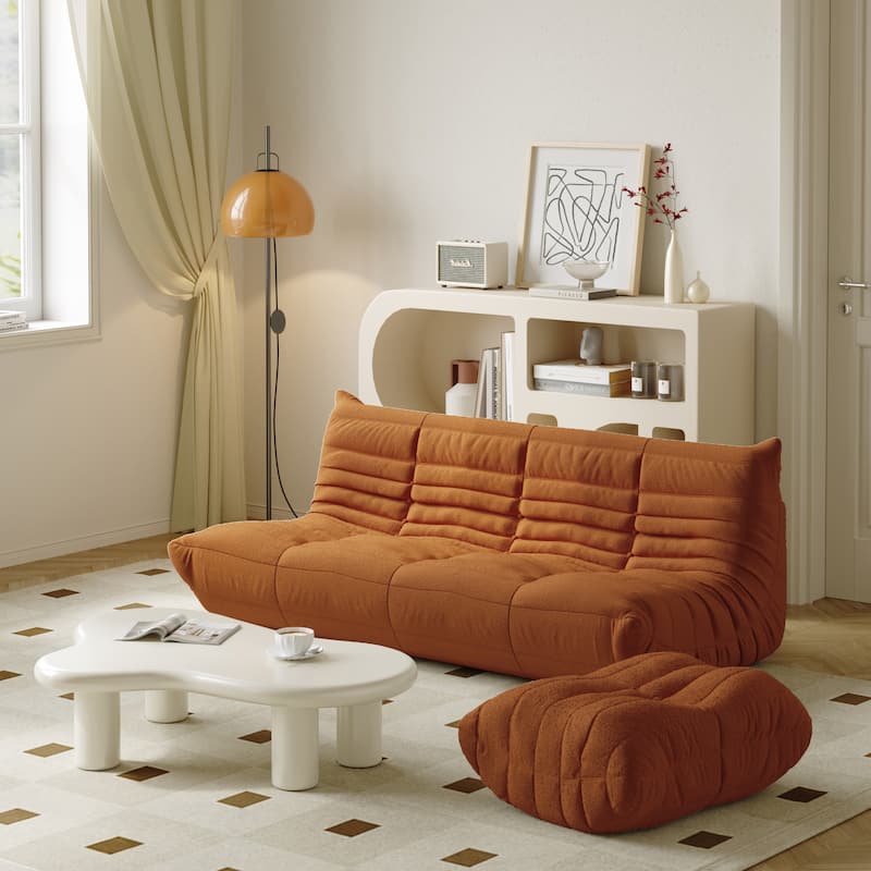 3 Seats Comfy Lazy Floor Sofa Couch with Ottoman - Tan