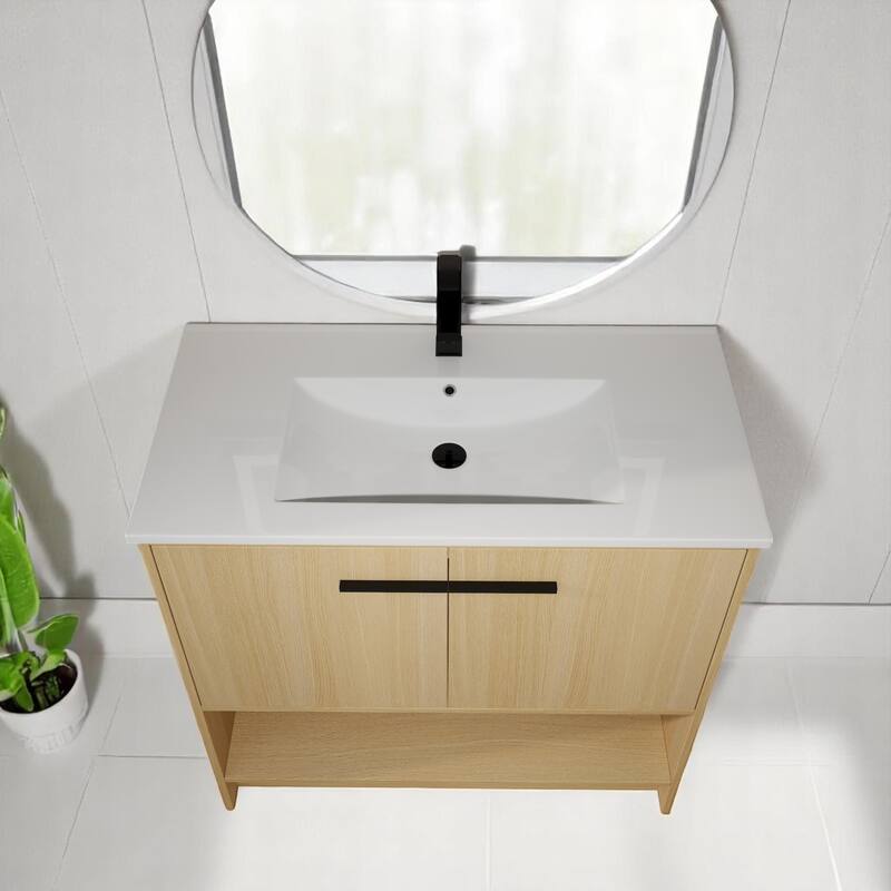 36 Inch Freestanding Bathroom Vanity with Eco-Friendly Plywood, Ceramic Sink & Soft Closing Doors