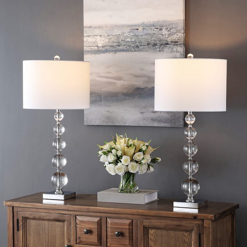 SAFAVIEH Lighting 29 inch Liam White Shade Stacked Crystal Ball Table Lamp - 14" W x 14" D x 30" H