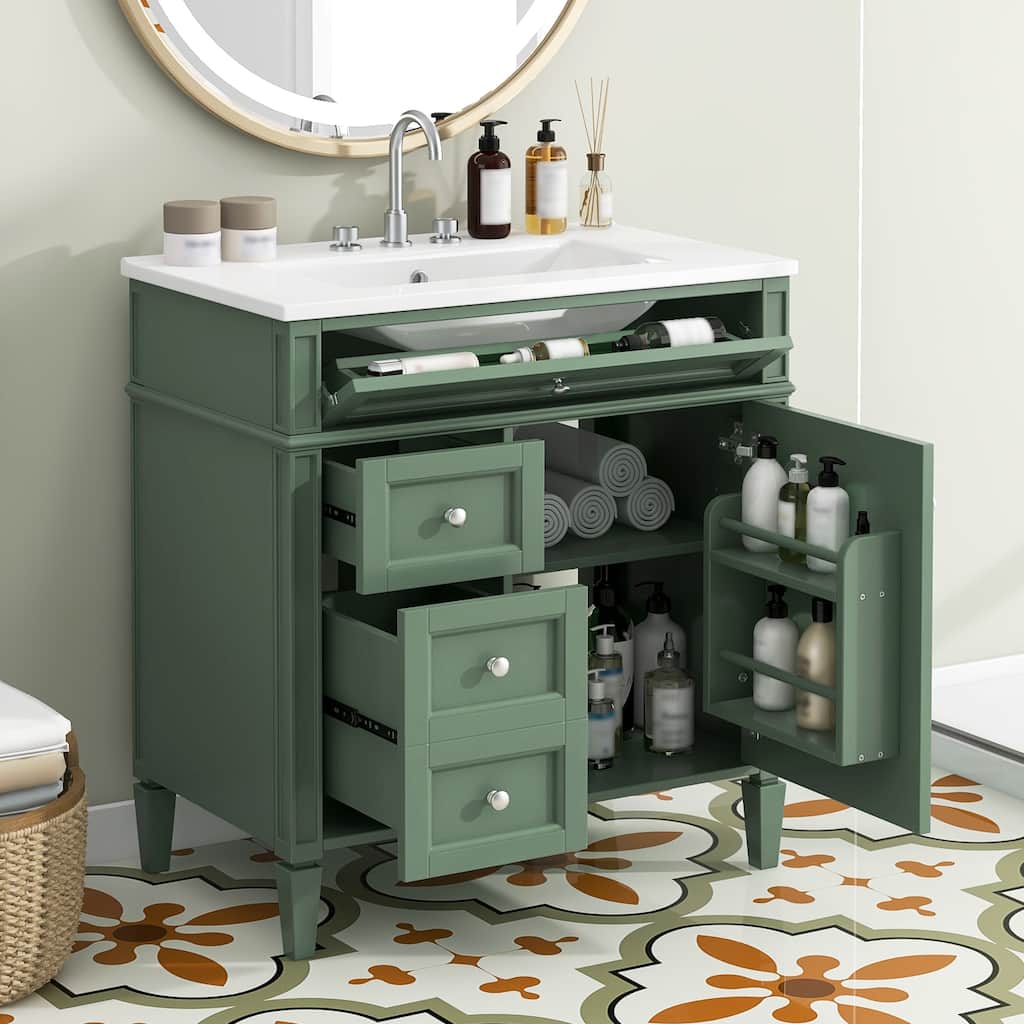 30'' Bathroom Vanity with Top Sink,Bathroom Storage Cabinet with 2 Drawers and a Tip-out Drawer, Single Sink Bathroom Vanity
