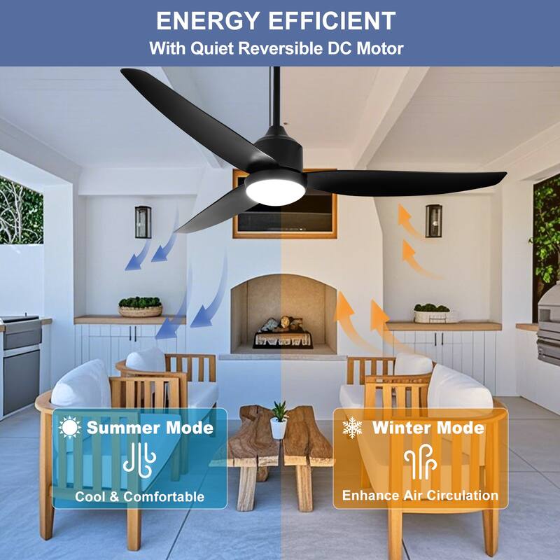 Outdoor Ceiling Fan with Light: 42-52 Inch Hanging - Plug in Waterproof Fans for Patio - Dimmable Remote App Control Black