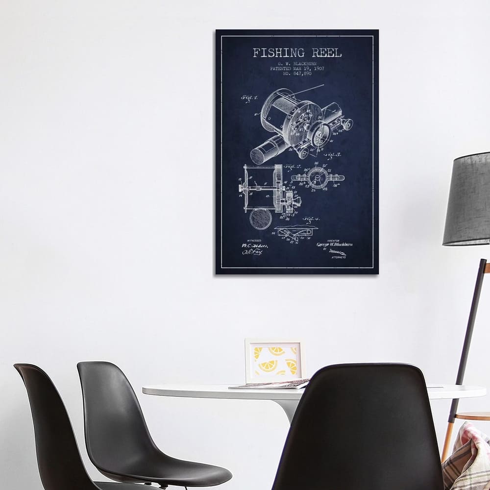 iCanvas "Fishing Reel Navy Blue Patent Blueprint" by Aged Pixel Canvas Print