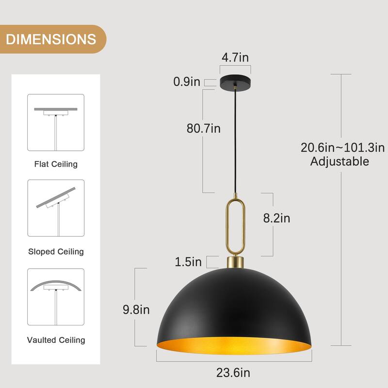 Industrial 1-Light 23.6" Metal Dome Pendant Light for Kitchen Island Dining Room