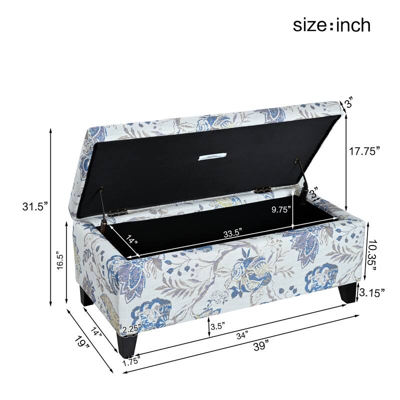 Roomfitters Upholstered Storage Ottoman Bench with Hinged Lid, Floral Fabric Accent Seat for Living Room or Bedroom