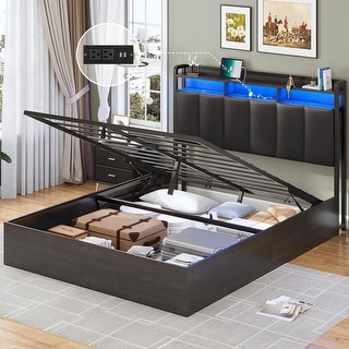 Lift Up Bed Frame with Storage Headboard Charging Station LED Lights ...